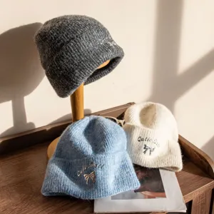 Knit Beanie Hat Women Winter Warm Pullover Woolen Cap Silver Bow Sweet Style 3-Piece