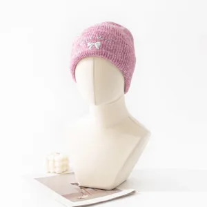 Pink knitted beanie winter warm pullover hat with silver bow cute stylish wool cap for women