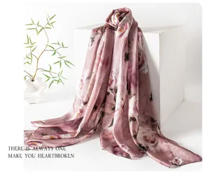Elegant pink rose print long silk scarf for women, fashionable versatile neckerchief.