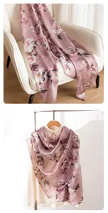 Elegant pink rose print mulberry silk long scarf for women, fashion versatile neckerchief.
