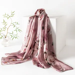 Womens Mulberry Silk Scarf Elegant Floral Print Long Shawl Fashion Lightweight Neck Scarf For Daily Wear