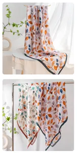 Women double-sided botanical print silk scarf shawl, elegant neckerchief for daily sun protection.