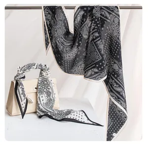 Mulberry silk black white paisley scarf elegant women luxury neckerchief shawl wrap fashion
