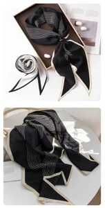 Luxury mulberry silk crepe de chine scarf for women, elegant black and white striped design.