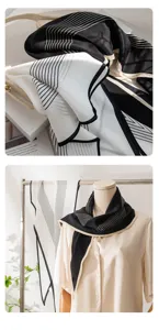 Women silk scarf black and white striped elegant double sided printed luxury neckerchief