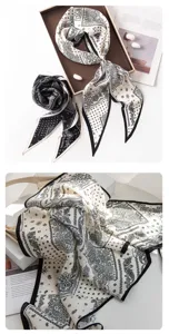 Mulberry silk women black white paisley pattern scarf elegant neckerchief detail display.