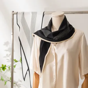 Elegant black and white silk square scarf with geometric stripe border for women spring