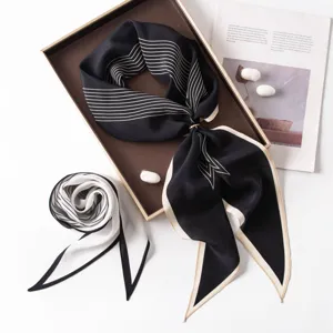 Women's black and white striped silk scarf twilly elegant neckerchief for autumn daily wear.