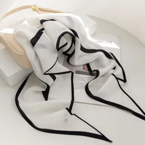 Elegant white silk scarf featuring a chic black border, perfect for women's daily commuting.