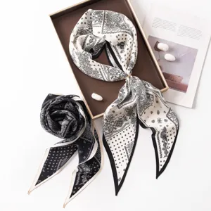 Silk scarf for women, elegant paisley print neckerchief, luxury fashion shawl for daily wear.