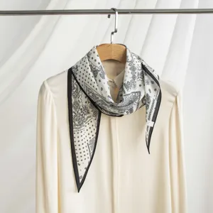 Elegant black and white paisley silk scarf for women, luxury lightweight neck wrap.