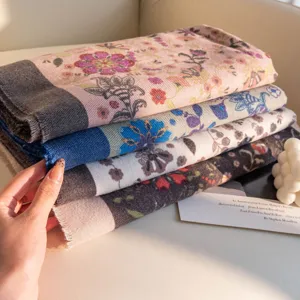 Autumn winter floral print imitation cashmere tassel scarf warm shawl for women daily wear