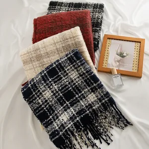 Classic plaid winter scarf with fringe design, soft warm woolen shawl for women autumn daily wear.