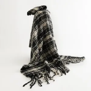 Black and white plaid fringe scarf winter warm versatile shawl for women stylish design