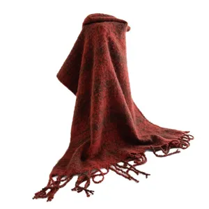 Dark red knitted fringe scarf for women, warm winter shawl and stylish fashion neckerchief.