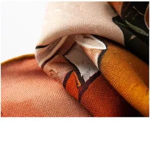 Detailed view of the autumn winter women silk wool square scarf with artistic print.