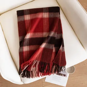 Classic red plaid cashmere scarf with cozy fringe design for women winter warm wrap