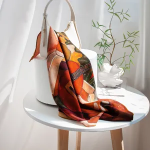 Autumn winter women silk wool square scarf warm shawl featuring elegant guitar art print design