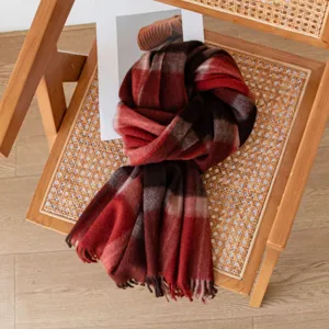 Cozy red brown plaid cashmere winter scarf for women, elegant warm fringe shawl and wrap.