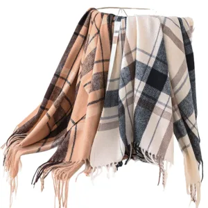 Autumn winter plaid tassel scarf for women, classic cozy warm commuter shawl gifts.