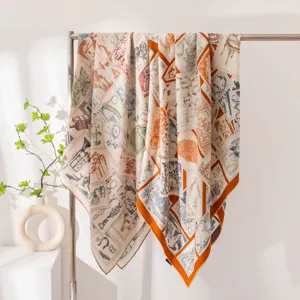 Vintage Silk Wool Square Scarf Women Men Luxury Stamp Print Large Shawl Fashion Warm Winter Neck Wrap