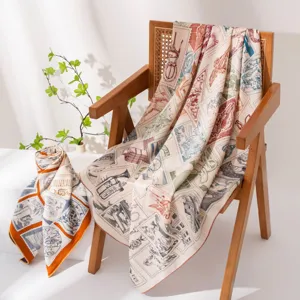 Luxury silk wool square scarf vintage stamp print shawl elegant women warm neckerchief