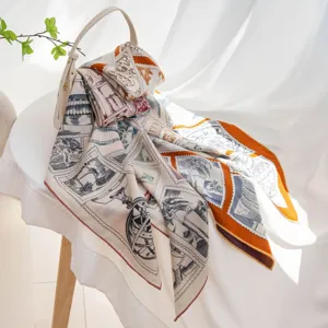Silk wool square scarf luxury vintage stamp print shawl elegant warm neckerchief