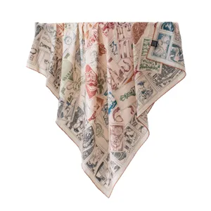 Silk wool square scarf vintage stamp print luxury shawl elegant designer neckerchief