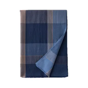 Autumn winter cashmere scarf, blue plaid design, soft tassel shawl for men and women daily wear.
