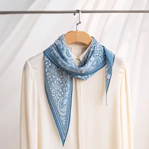 Elegant blue and white floral mulberry silk scarf for women, perfect for daily commuting and fashion.