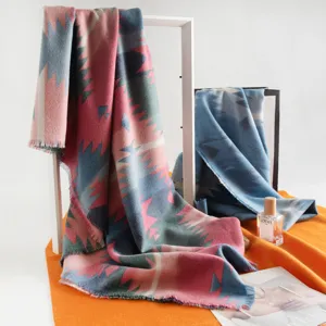 Retro geometric print imitation cashmere scarf with tassels, stylish warm winter shawl.