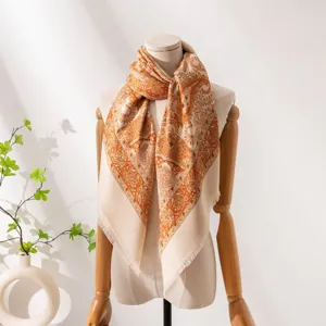 Women vintage paisley print silk wool scarf, elegant shawl and neck wrap for daily wear.