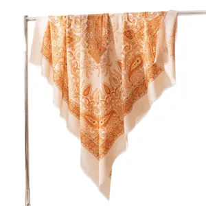 Women's retro paisley silk wool scarf shawl, elegant print decorative neckerchief for sun