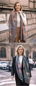 Detailed view of women's vintage floral winter warm scarf shawl with elegant tassel design.