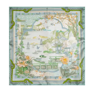 Elegant silk square scarf featuring traditional Jiangnan water town scenery for women.