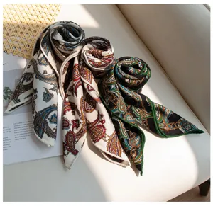 Women vintage paisley print silk feel long scarf elegant fashion neckerchief accessory.