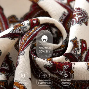 Luxury silk wool scarf with classic paisley print, elegant warm shawl for women daily wear.