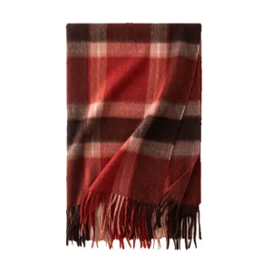 Women's cashmere warm winter plaid scarf with fringe, elegant red classic casual neck wrap.