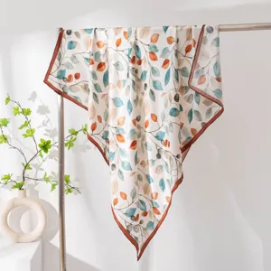 Women's Double-Sided Botanical Print Mulberry Silk Scarf Elegant Versatile Square Neckerchief Shawl For Daily Travel