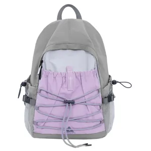 Lightweight outdoor travel backpack with drawstring purple pocket and spacious compartments.