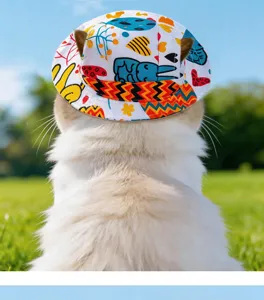 Nahaufnahme Detail des niedlichen bunten Haustier-Fischerhuts mit Cartoon-Druck für Katzen.