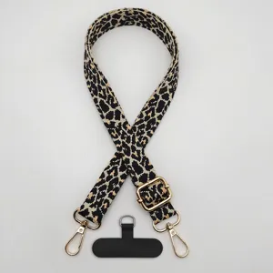 Sangle de téléphone léopard réglable avec quincaillerie dorée et patte bandoulière