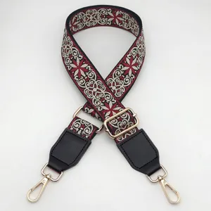 Detailed shot of retro ethnic embroidered wide bag strap with durable gold hardware.