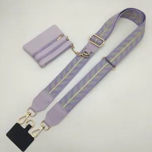 Purple wide shoulder strap with leaf embroidery, detachable coin purse and phone bag accessory.