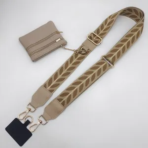 Wide embroidered leaf pattern replacement bag strap with detachable coin purse and phone lanyard tab.