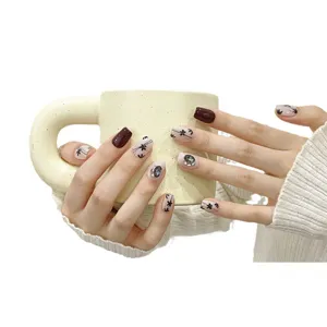 Handmade press-on nails vintage maple leaf style with translucent crystals and elegant design.