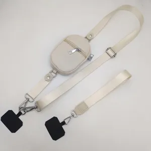 Beige multi-functional crossbody phone lanyard with detachable mini coin purse and adjustable strap.