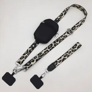 Leopard camo print phone crossbody lanyard with zipper pouch and adjustable wide strap.