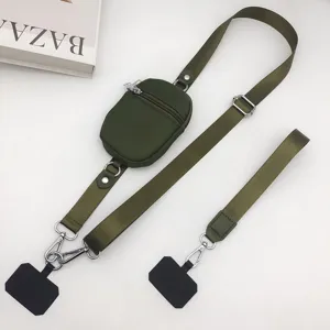 Detachable nylon crossbody phone lanyard with mini coin purse and adjustable strap.