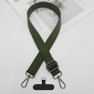 Correa cruzada para teléfono verde oscuro ajustable con ganchos metálicos y lengüeta.